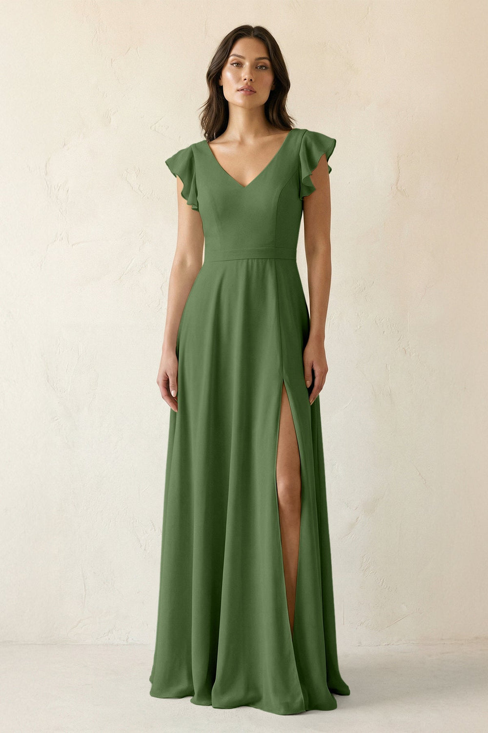 V - Neck Ruffled A - Line Chiffon Bridesmaid Dress in Moss - SHE IS ME Bridesmaid Dresses