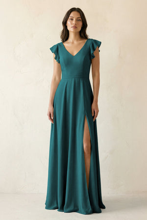V - Neck Ruffled A - Line Chiffon Bridesmaid Dress in Pine - SHE IS ME Bridesmaid Dresses
