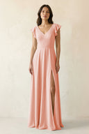 V - Neck Ruffled A - Line Chiffon Bridesmaid Dress in Rose Petal - SHE IS ME Bridesmaid Dresses