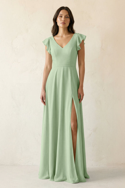 V - Neck Ruffled A - Line Chiffon Bridesmaid Dress in Sage - SHE IS ME Bridesmaid Dresses