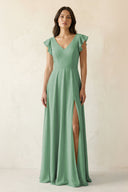 V - Neck Ruffled A - Line Chiffon Bridesmaid Dress in Sea Glass - SHE IS ME Bridesmaid Dresses