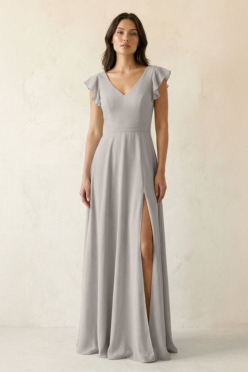V - Neck Ruffled A - Line Chiffon Bridesmaid Dress in Silver - SHE IS ME Bridesmaid Dresses