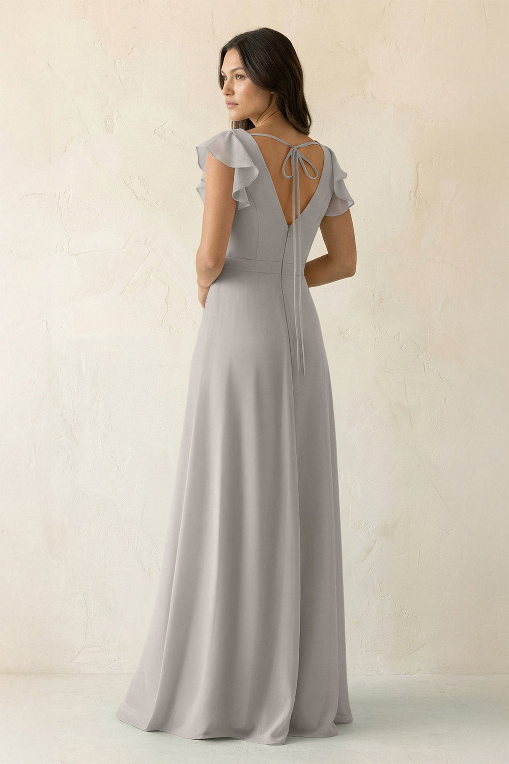 V - Neck Ruffled A - Line Chiffon Bridesmaid Dress in Silver - SHE IS ME Bridesmaid Dresses