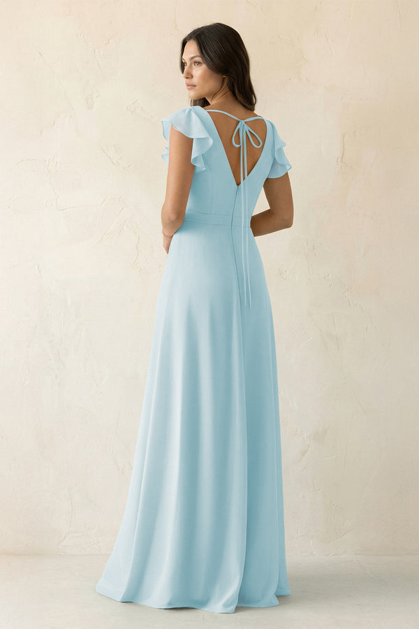 V - Neck Ruffled A - Line Chiffon Bridesmaid Dress in Sky Blue - SHE IS ME Bridesmaid Dresses