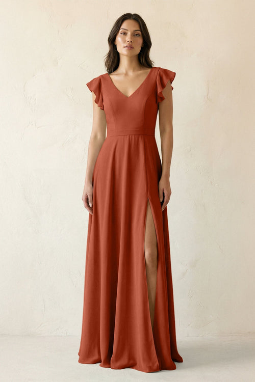 V - Neck Ruffled A - Line Chiffon Bridesmaid Dress in Spice - SHE IS ME Bridesmaid Dresses