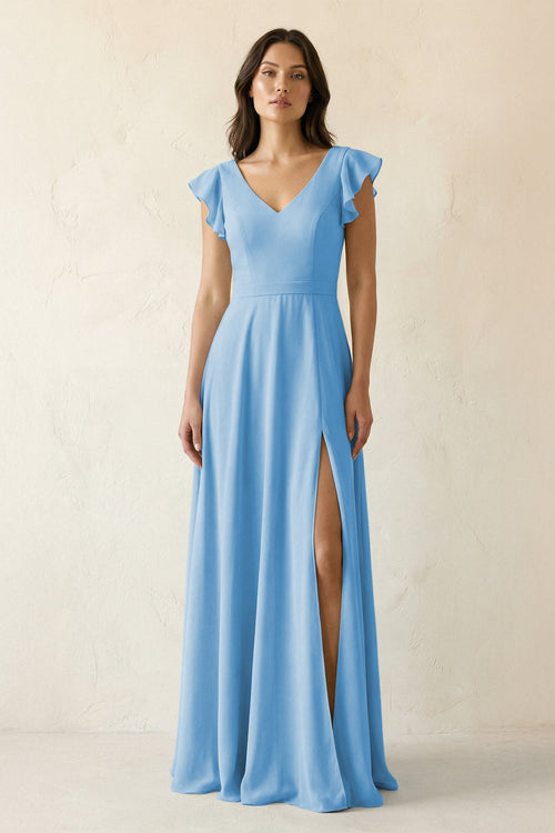 V - Neck Ruffled A - Line Chiffon Bridesmaid Dress in Steel Blue - SHE IS ME Bridesmaid Dresses