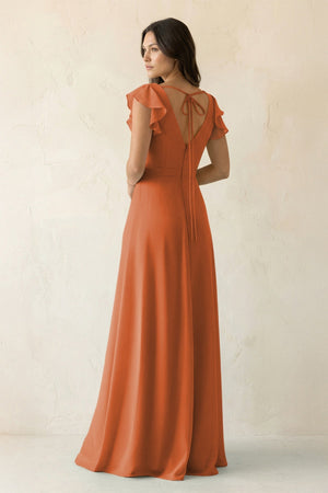V - Neck Ruffled A - Line Chiffon Bridesmaid Dress in Terracotta - SHE IS ME Bridesmaid Dresses