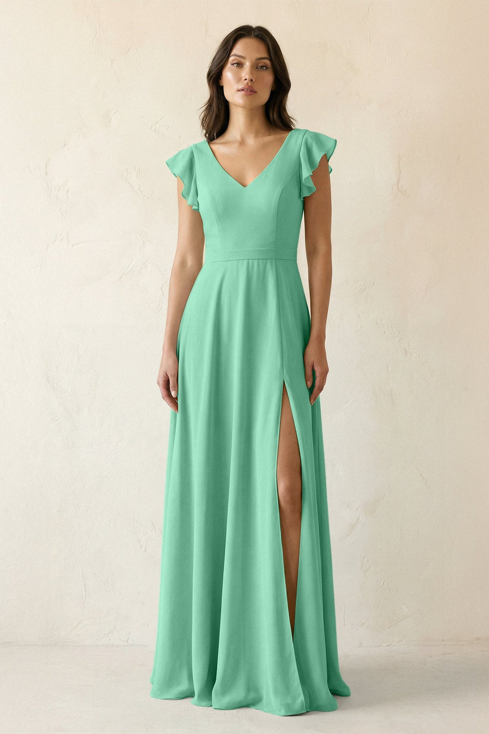 V - Neck Ruffled A - Line Chiffon Bridesmaid Dress in Turquoise - SHE IS ME Bridesmaid Dresses