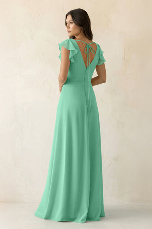 V - Neck Ruffled A - Line Chiffon Bridesmaid Dress in Turquoise - SHE IS ME Bridesmaid Dresses