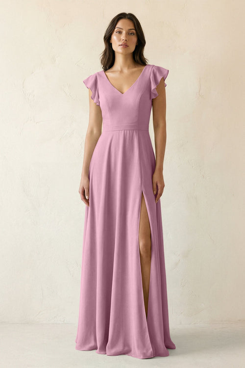 V - Neck Ruffled A - Line Chiffon Bridesmaid Dress in Vintage Mauve - SHE IS ME Bridesmaid Dresses