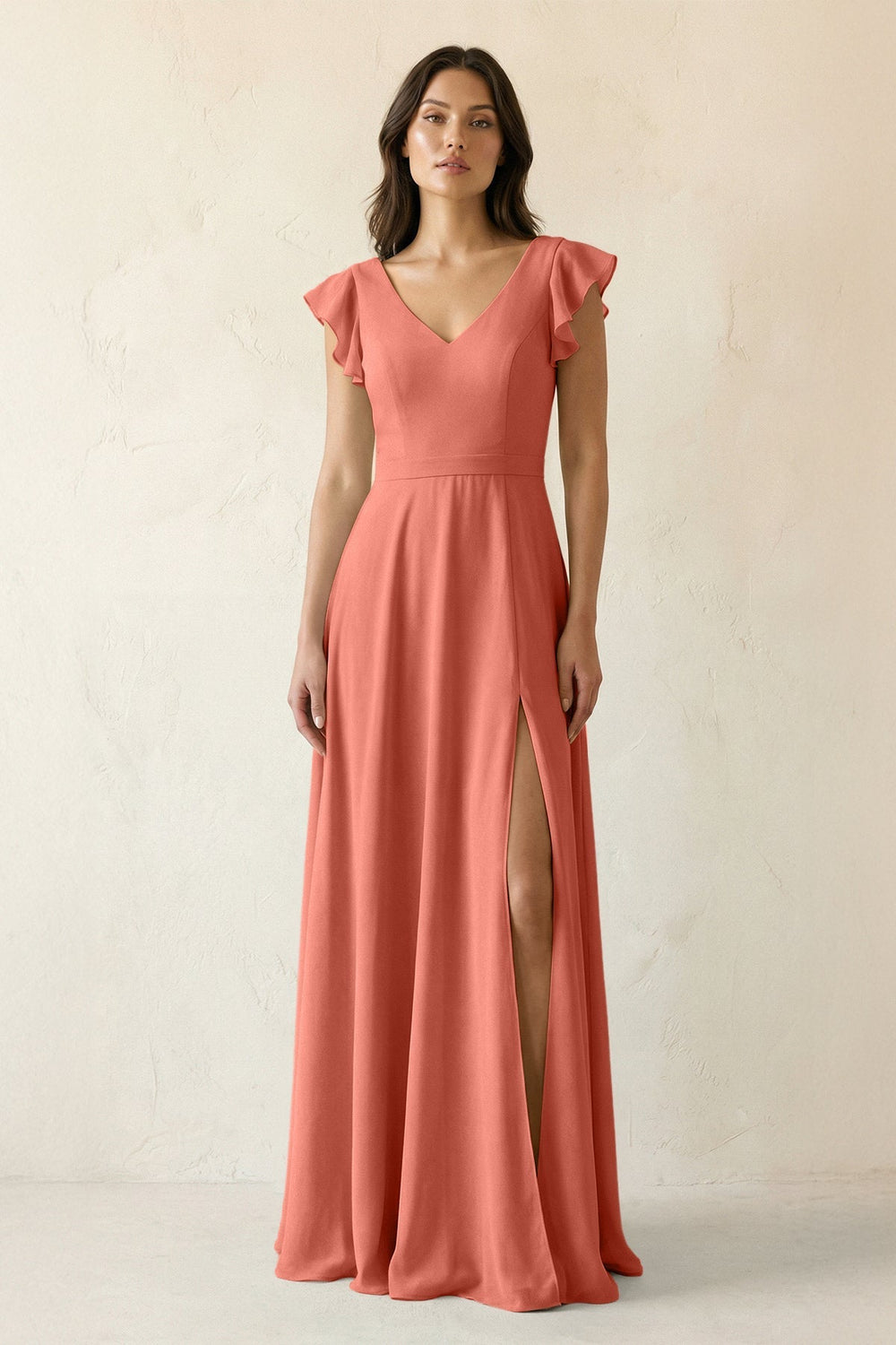 V - Neck Ruffled A - Line Chiffon Bridesmaid Dress in Wild Rose - SHE IS ME Bridesmaid Dresses