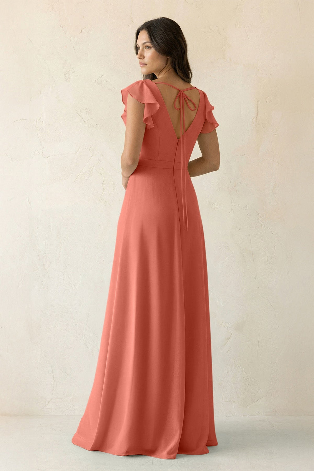 V - Neck Ruffled A - Line Chiffon Bridesmaid Dress in Wild Rose - SHE IS ME Bridesmaid Dresses