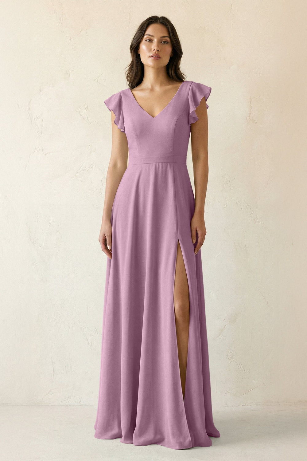 V - Neck Ruffled A - Line Chiffon Bridesmaid Dress in Wisteria - SHE IS ME Bridesmaid Dresses