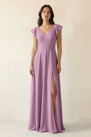 V - Neck Ruffled A - Line Chiffon Bridesmaid Dress in Wisteria - SHE IS ME Bridesmaid Dresses