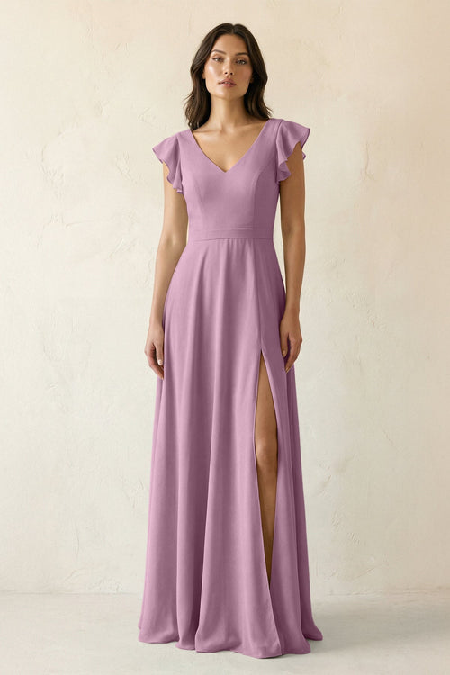 V - Neck Ruffled A - Line Chiffon Bridesmaid Dress in Wisteria - SHE IS ME Bridesmaid Dresses