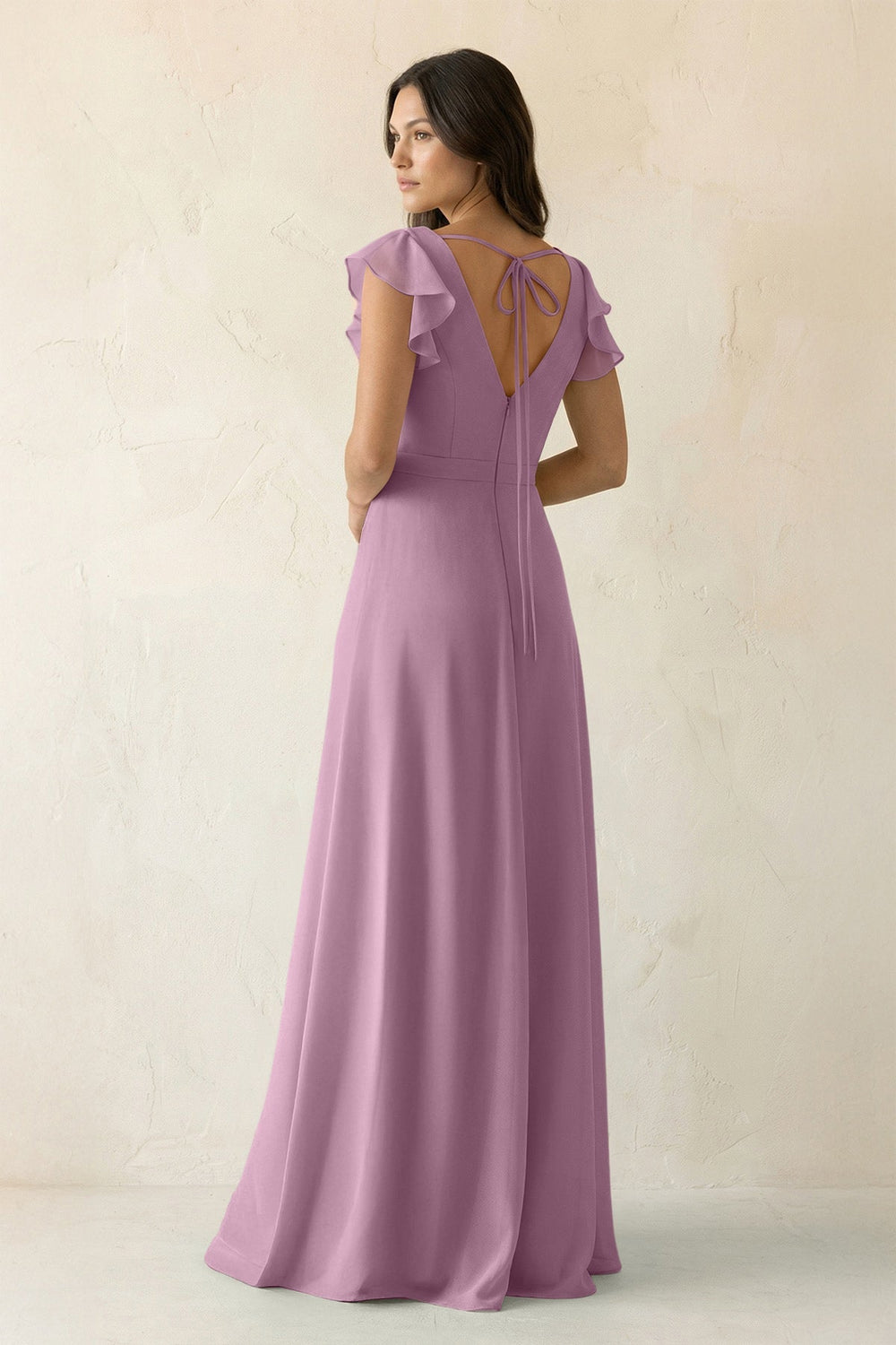 V - Neck Ruffled A - Line Chiffon Bridesmaid Dress in Wisteria - SHE IS ME Bridesmaid Dresses
