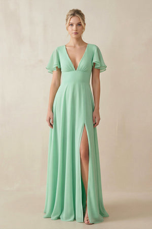 V-Neck Ruffled Short Sleeves A-Line Bridesmaid Dress in Pale Pistachio - SHE IS ME BRIDESMAID DRESSES