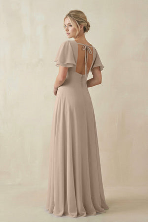 V - Neck Ruffled Short Sleeves A - Line Bridesmaid Dress in Almond - SHE IS ME Bridesmaid Dresses