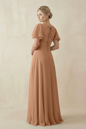 V - Neck Ruffled Short Sleeves A - Line Bridesmaid Dress in Bronzer - SHE IS ME Bridesmaid Dresses