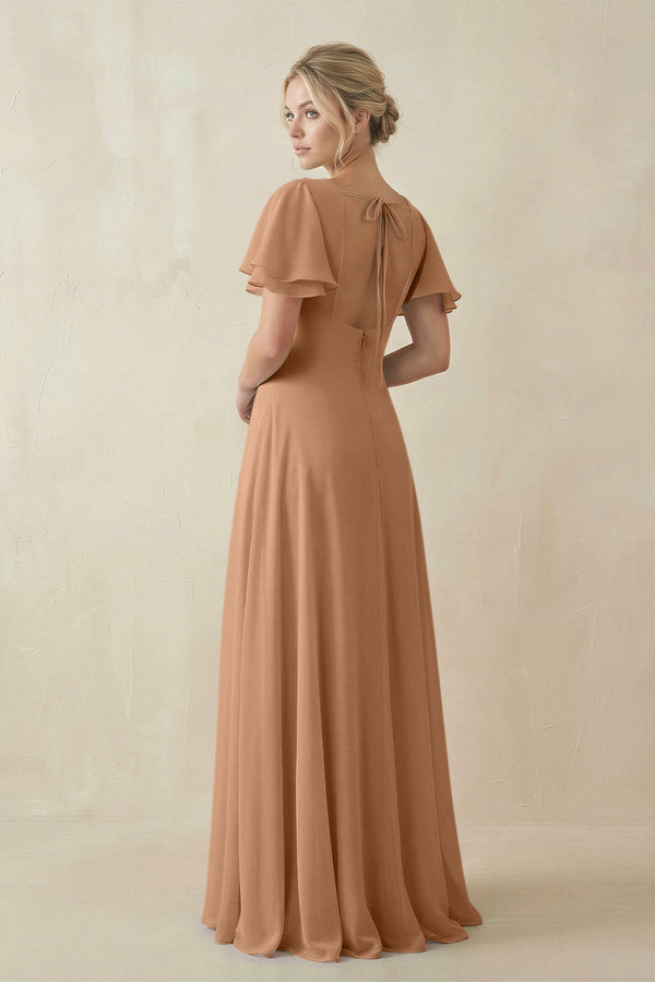 V - Neck Ruffled Short Sleeves A - Line Bridesmaid Dress in Bronzer - SHE IS ME Bridesmaid Dresses