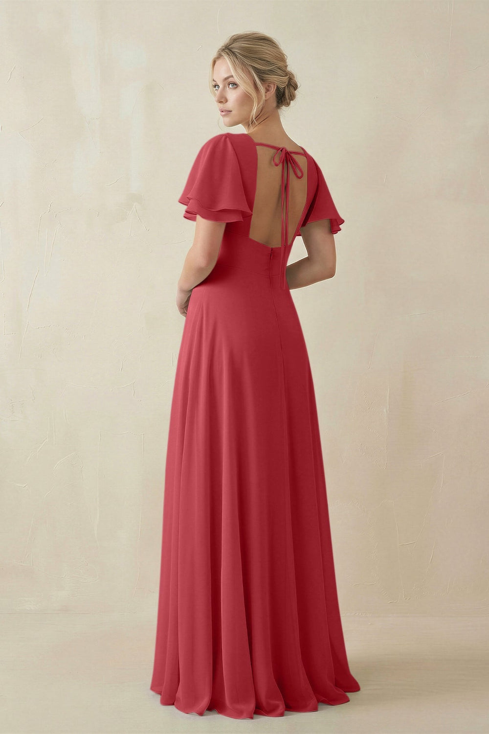 V - Neck Ruffled Short Sleeves A - Line Bridesmaid Dress in c - SHE IS ME Bridesmaid Dresses