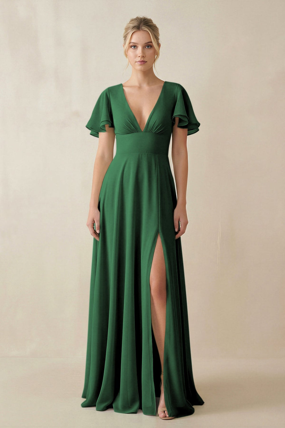 V - Neck Ruffled Short Sleeves A - Line Bridesmaid Dress in Dark Green - SHE IS ME Bridesmaid Dresses
