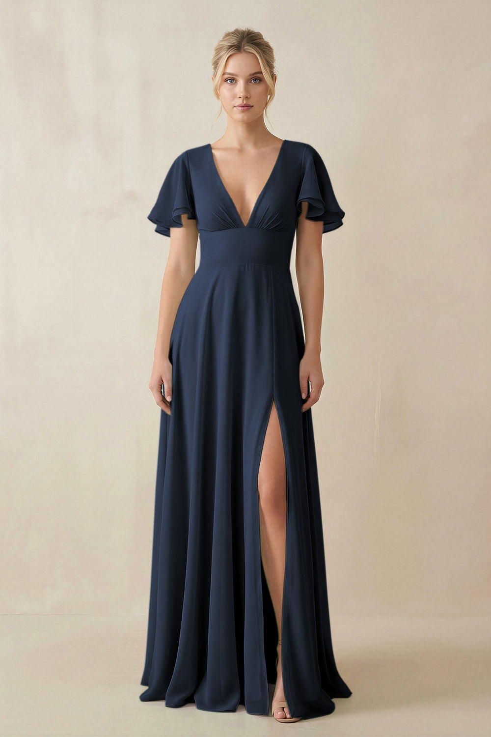 V - Neck Ruffled Short Sleeves A - Line Bridesmaid Dress in Dark Navy - SHE IS ME Bridesmaid Dresses