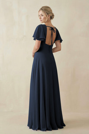 V - Neck Ruffled Short Sleeves A - Line Bridesmaid Dress in Dark Navy - SHE IS ME Bridesmaid Dresses