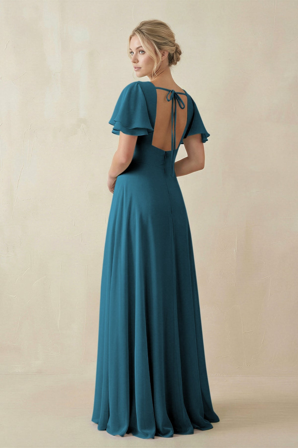 V - Neck Ruffled Short Sleeves A - Line Bridesmaid Dress in Dark Teal - SHE IS ME Bridesmaid Dresses