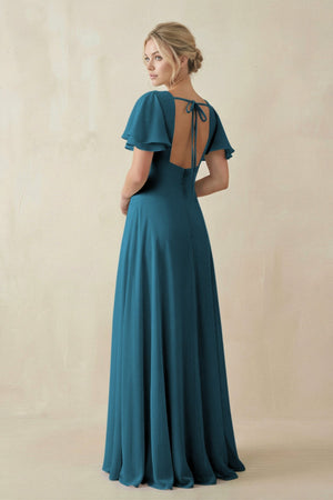 V - Neck Ruffled Short Sleeves A - Line Bridesmaid Dress in Dark Teal - SHE IS ME Bridesmaid Dresses