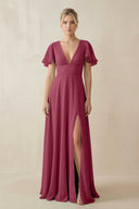 V - Neck Ruffled Short Sleeves A - Line Bridesmaid Dress in Desert Rose - SHE IS ME Bridesmaid Dresses