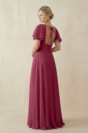 V - Neck Ruffled Short Sleeves A - Line Bridesmaid Dress in Desert Rose - SHE IS ME Bridesmaid Dresses