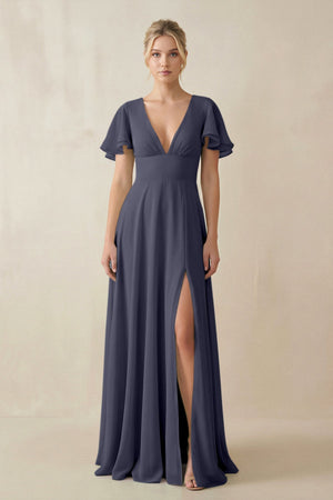 V - Neck Ruffled Short Sleeves A - Line Bridesmaid Dress in Dusk Blue - SHE IS ME Bridesmaid Dresses