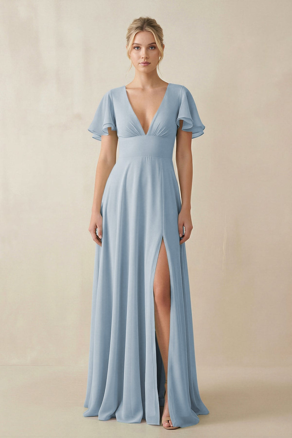 V - Neck Ruffled Short Sleeves A - Line Bridesmaid Dress in Dusty Blue - SHE IS ME Bridesmaid Dresses