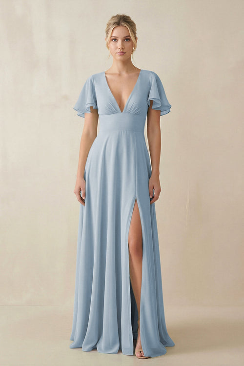 V - Neck Ruffled Short Sleeves A - Line Bridesmaid Dress in Dusty Blue - SHE IS ME Bridesmaid Dresses
