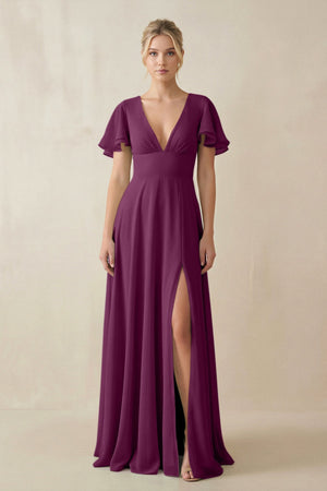 V - Neck Ruffled Short Sleeves A - Line Bridesmaid Dress in Fig - SHE IS ME Bridesmaid Dresses