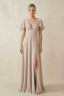 V - Neck Ruffled Short Sleeves A - Line Bridesmaid Dress in Frost - SHE IS ME Bridesmaid Dresses