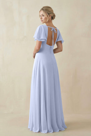 V - Neck Ruffled Short Sleeves A - Line Bridesmaid Dress in Ice - SHE IS ME Bridesmaid Dresses