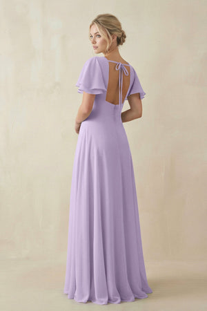 V - Neck Ruffled Short Sleeves A - Line Bridesmaid Dress in Lavender - SHE IS ME Bridesmaid Dresses
