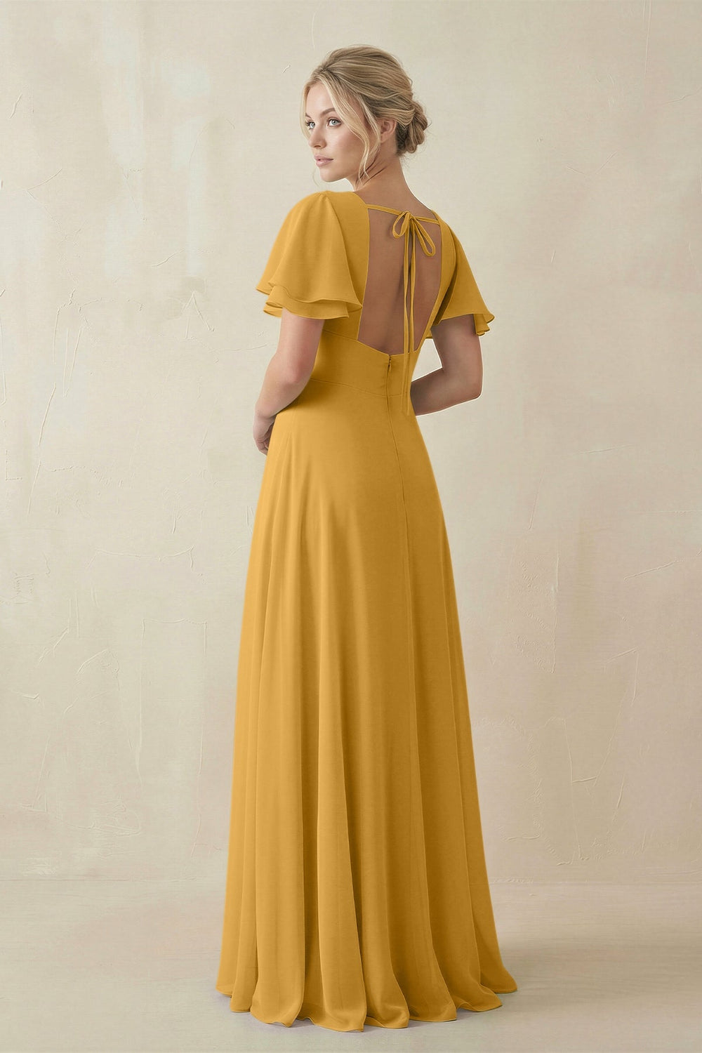 V - Neck Ruffled Short Sleeves A - Line Bridesmaid Dress in Marigold - SHE IS ME Bridesmaid Dresses