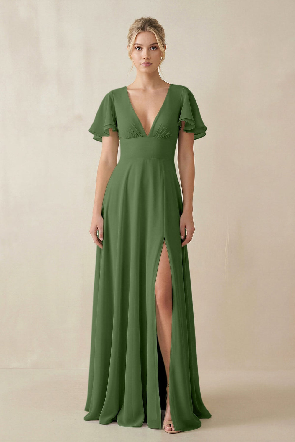 V - Neck Ruffled Short Sleeves A - Line Bridesmaid Dress in Moss - SHE IS ME Bridesmaid Dresses