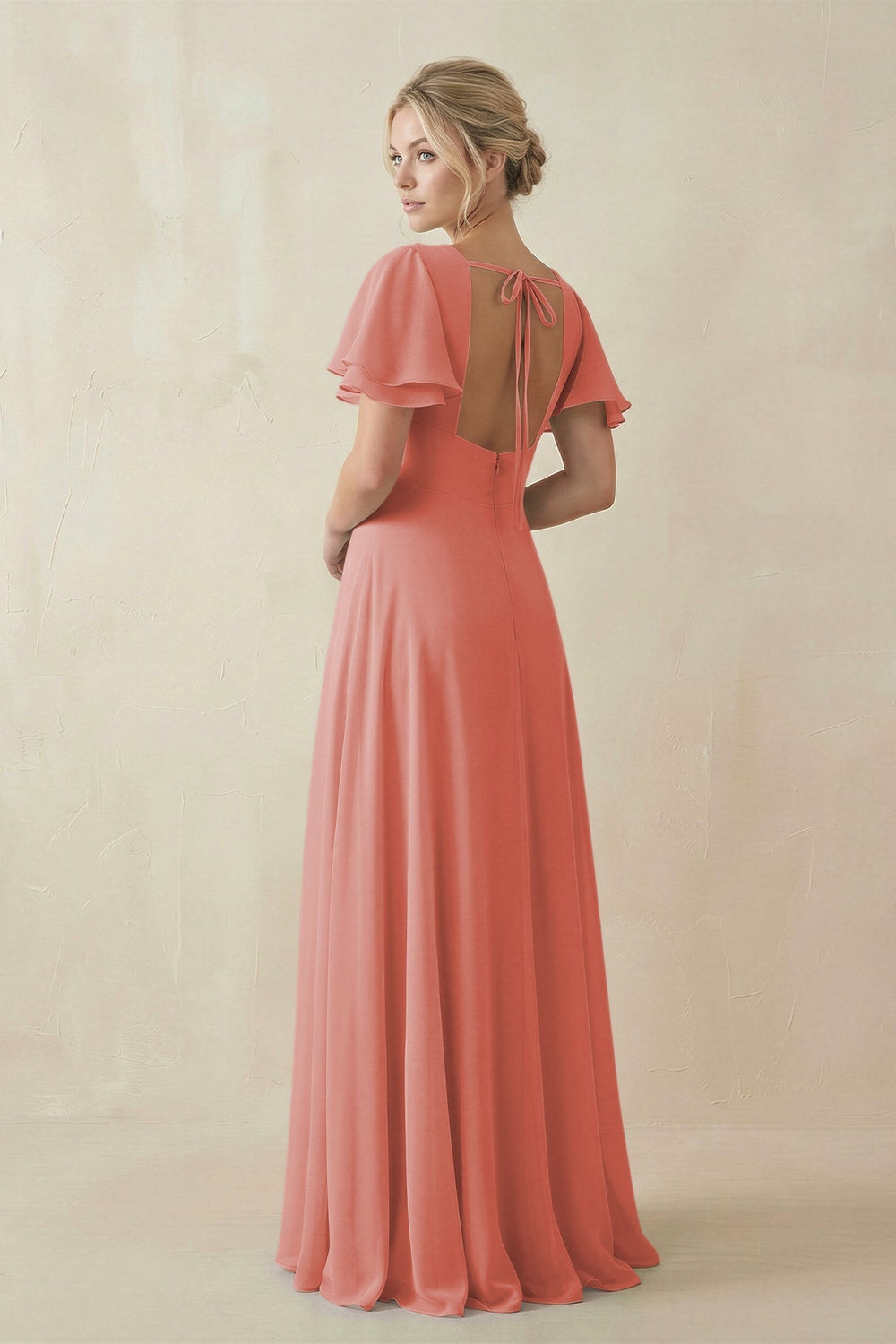 V - Neck Ruffled Short Sleeves A - Line Bridesmaid Dress in Mulberry - SHE IS ME Bridesmaid Dresses