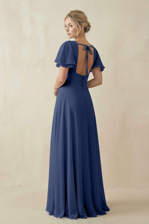 V - Neck Ruffled Short Sleeves A - Line Bridesmaid Dress in Navy - SHE IS ME Bridesmaid Dresses