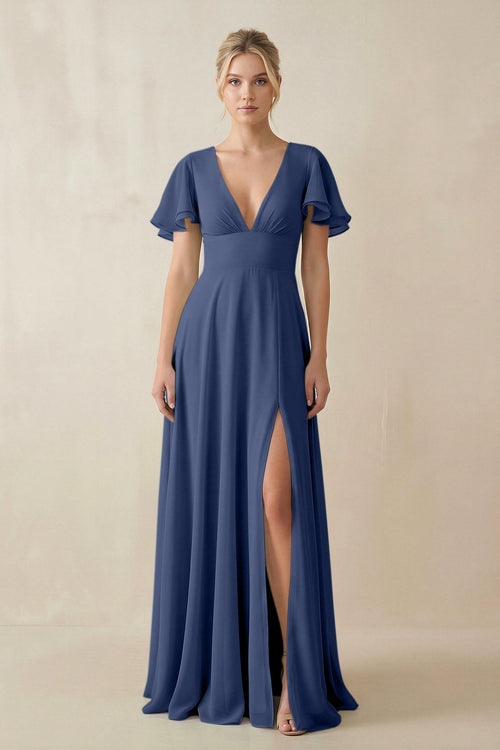 V - Neck Ruffled Short Sleeves A - Line Bridesmaid Dress in Navy - SHE IS ME Bridesmaid Dresses