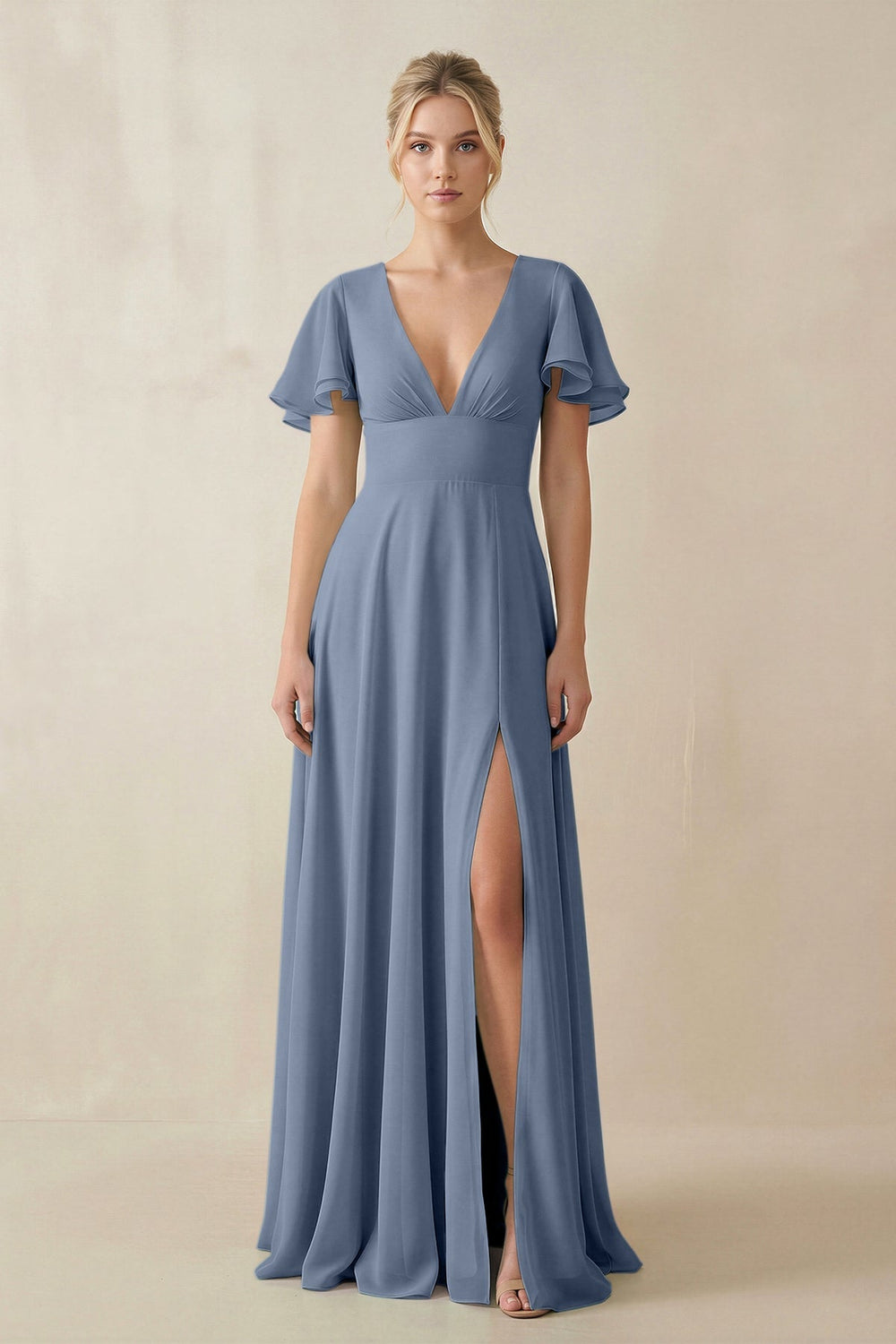 V - Neck Ruffled Short Sleeves A - Line Bridesmaid Dress in Neptune - SHE IS ME Bridesmaid Dresses