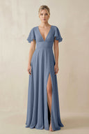 V - Neck Ruffled Short Sleeves A - Line Bridesmaid Dress in Neptune - SHE IS ME Bridesmaid Dresses