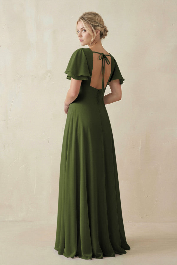 V - Neck Ruffled Short Sleeves A - Line Bridesmaid Dress in Olive - SHE IS ME Bridesmaid Dresses