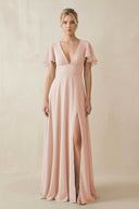 V - Neck Ruffled Short Sleeves A - Line Bridesmaid Dress in Pale Blush - SHE IS ME Bridesmaid Dresses