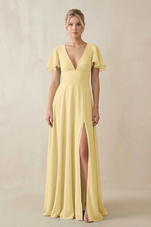 V - Neck Ruffled Short Sleeves A - Line Bridesmaid Dress in Pastel Yellow - SHE IS ME Bridesmaid Dresses