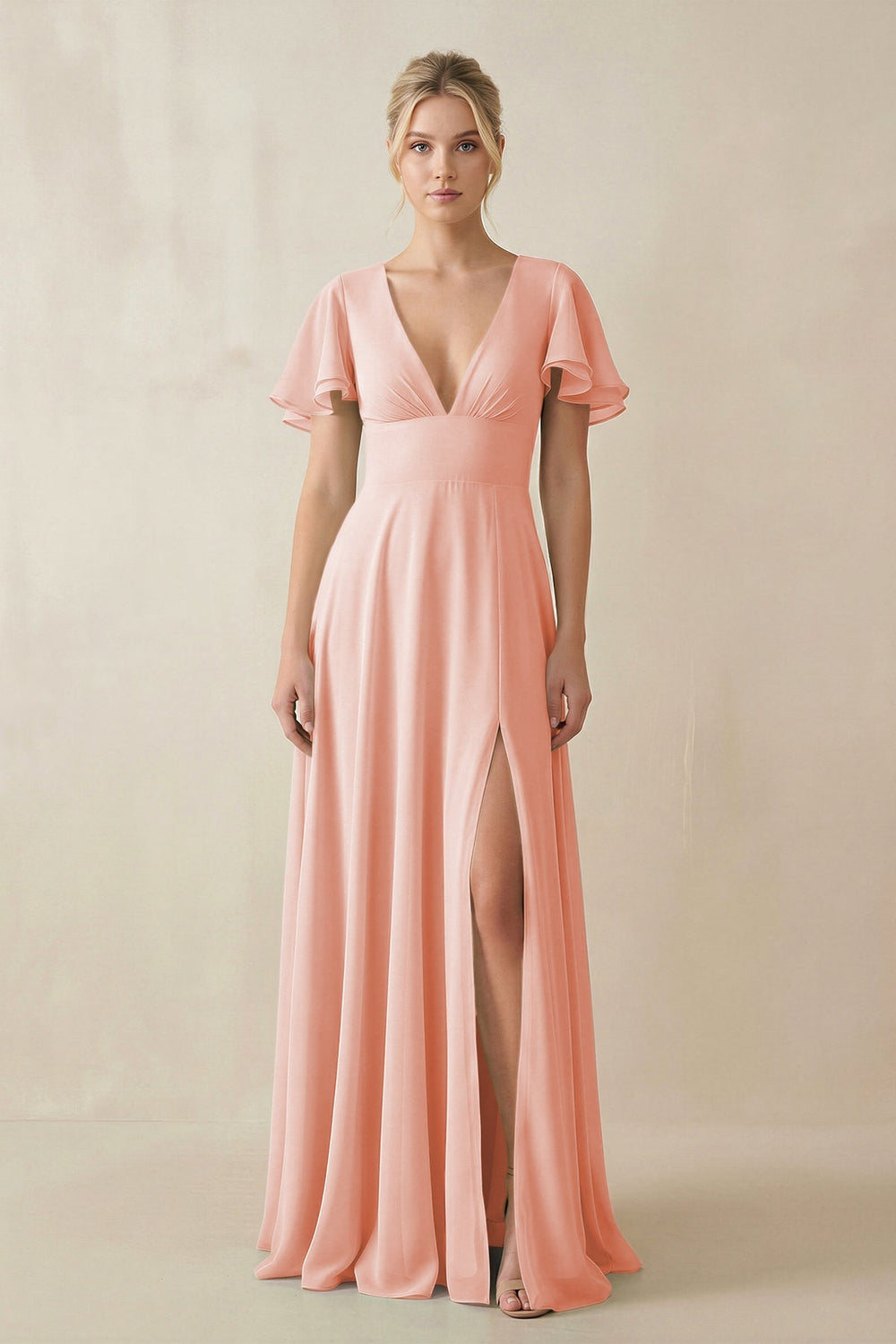 V - Neck Ruffled Short Sleeves A - Line Bridesmaid Dress in Rose Petal - SHE IS ME Bridesmaid Dresses